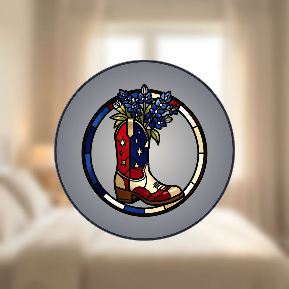 Americana Cowboy Boot Circle Stained Glass Suncatcher