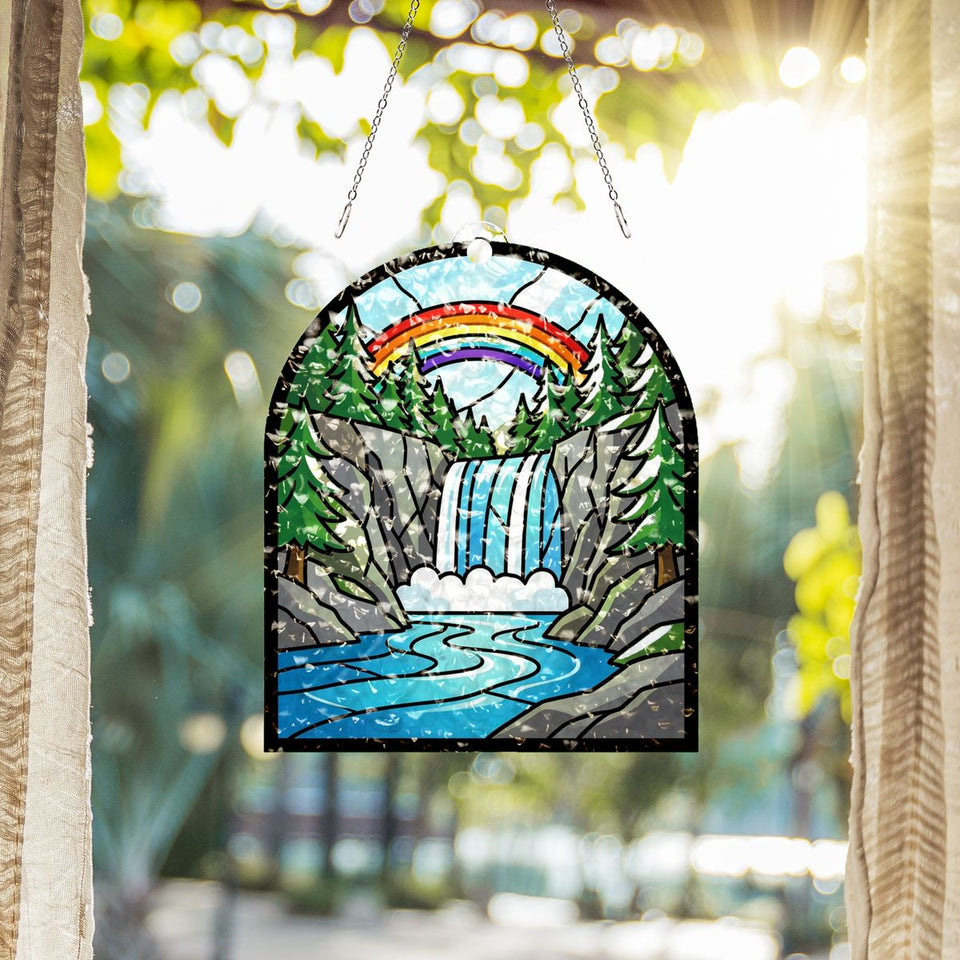 Mountain Waterfall Forest Water Ripple Suncatcher