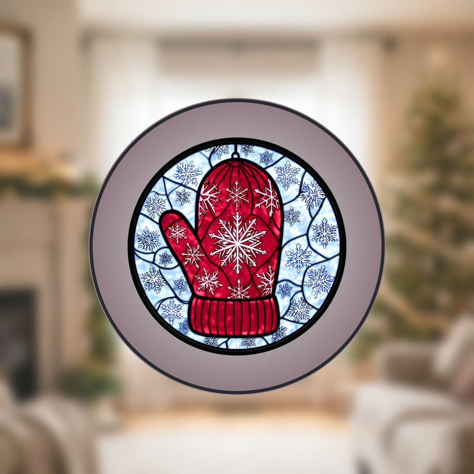 Knit Mitten Snowflake Circle Stained Glass Suncatcher