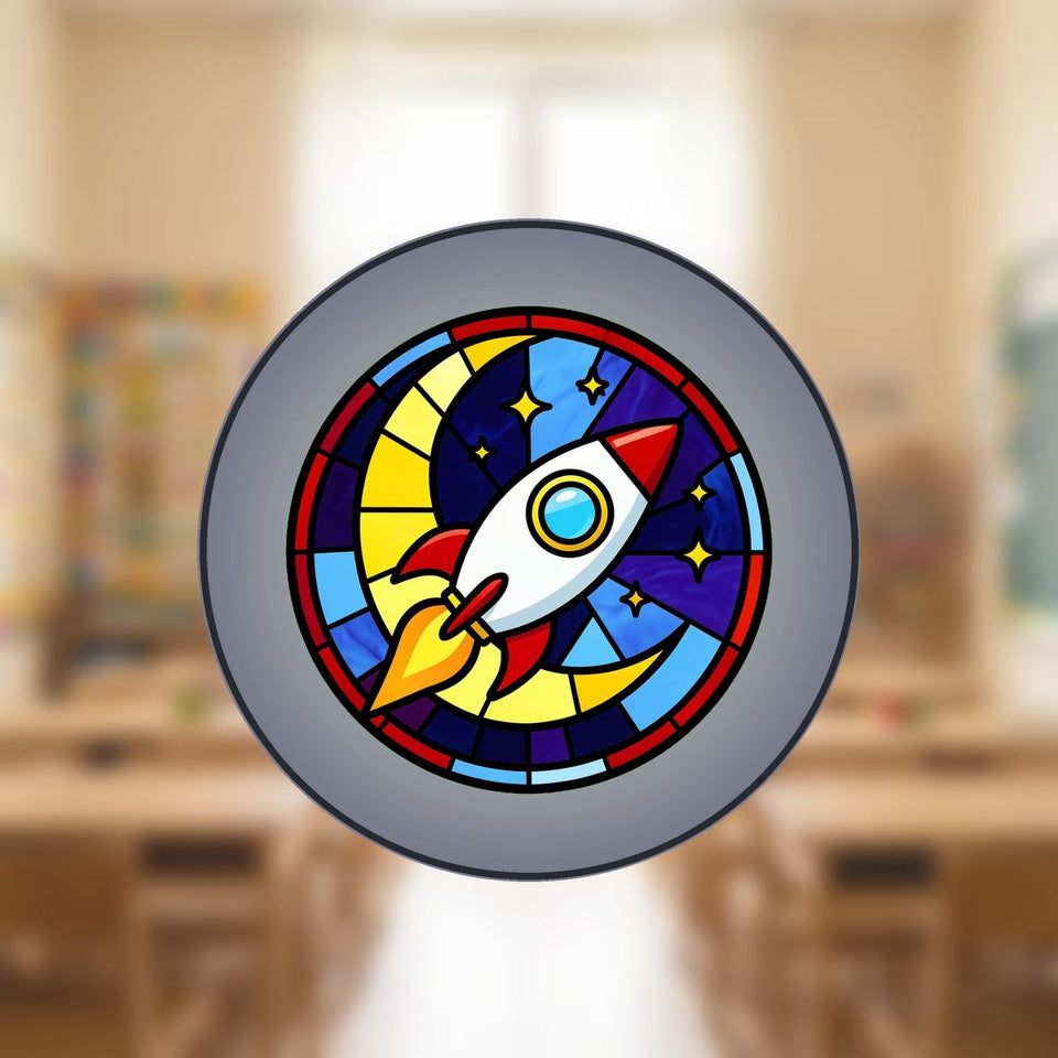 Rocket Ship Stars Circle Stained Glass Suncatcher