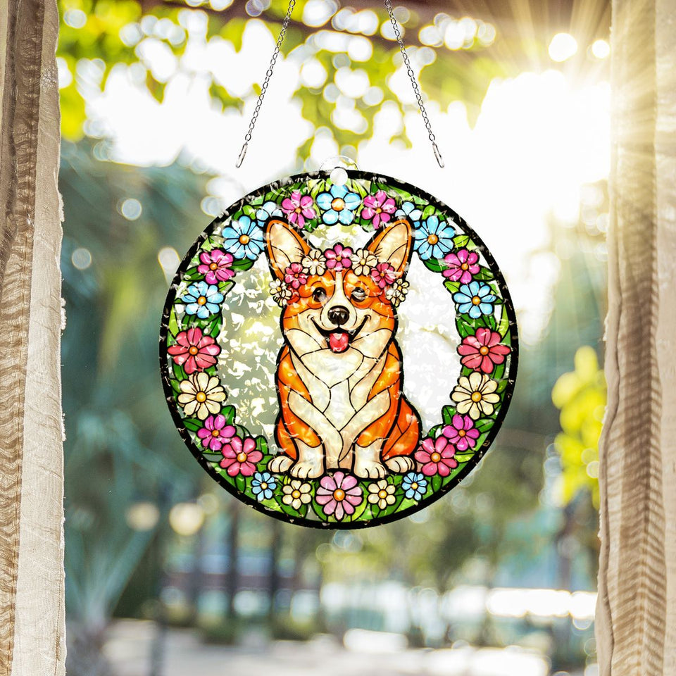 Corgi Wildflower Circle Water Ripple Suncatcher
