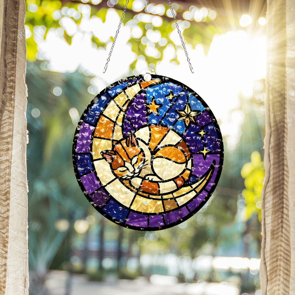 Sleeping Cat Crescent Window Water Ripple Suncatcher