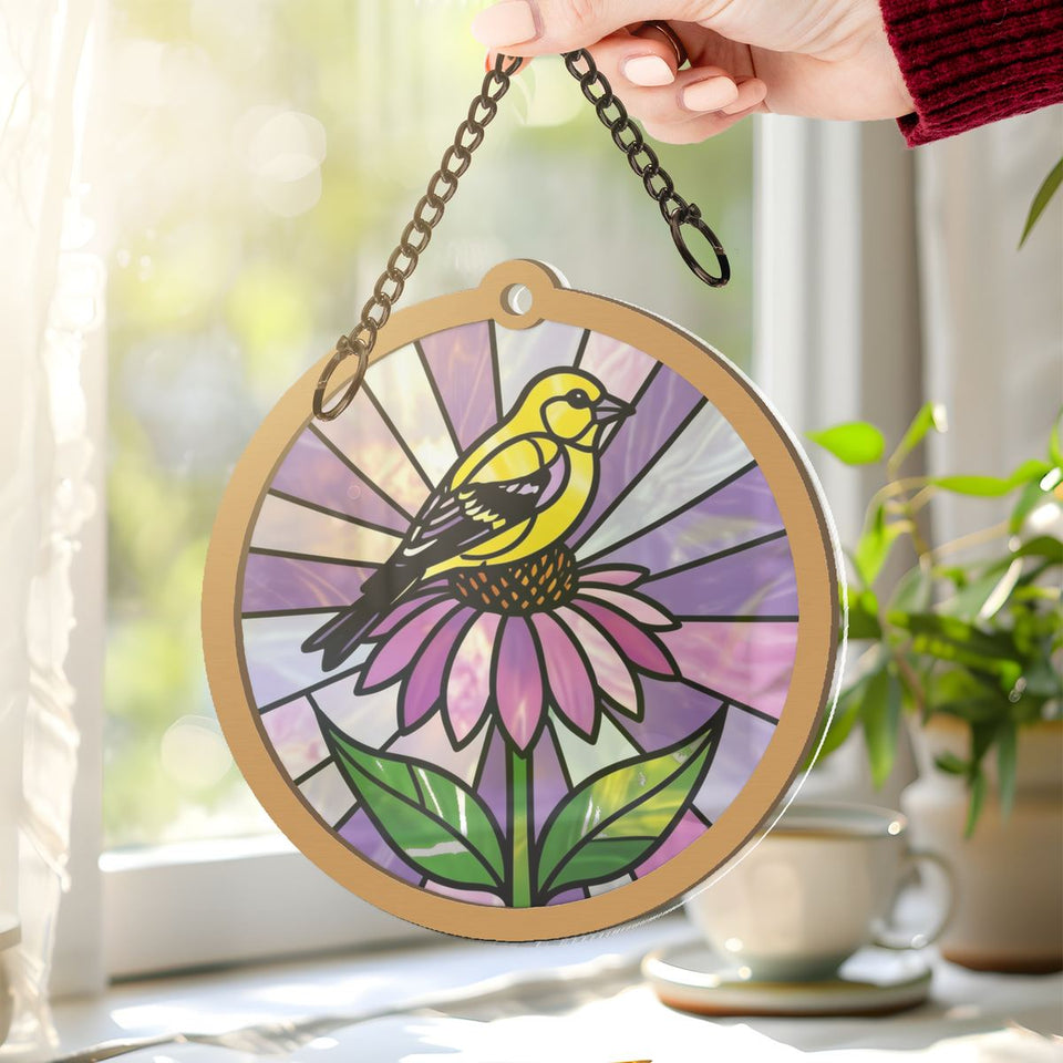 Goldfinch Coneflower Circle Window Hanging Suncatcher