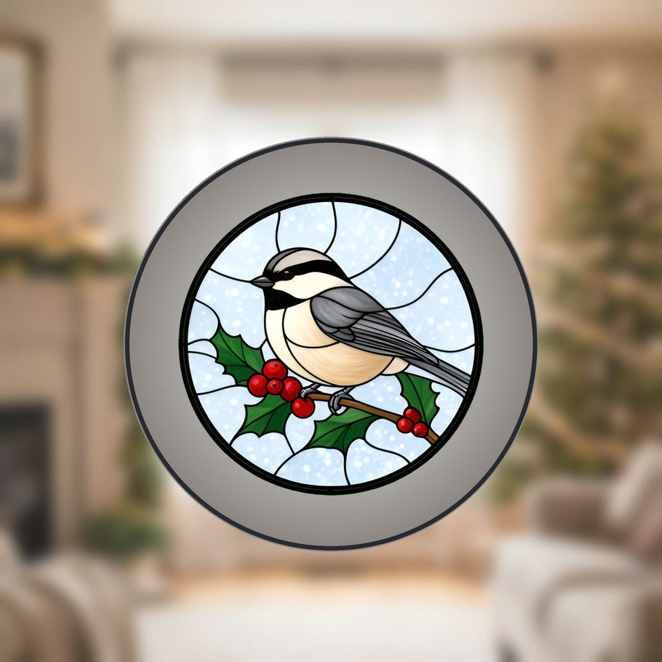 Holly Berry Chickadee Circle Stained Glass Suncatcher