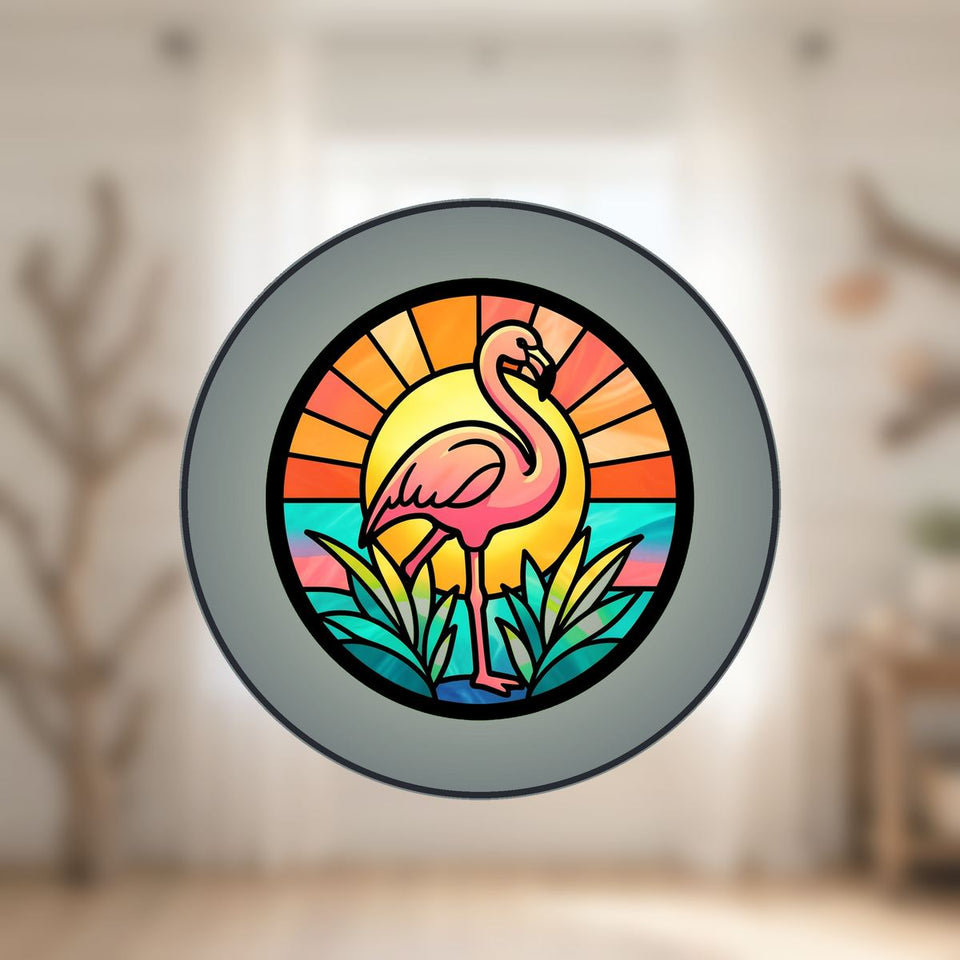 Pink Flamingo Sunset Circle Stained Glass Suncatcher
