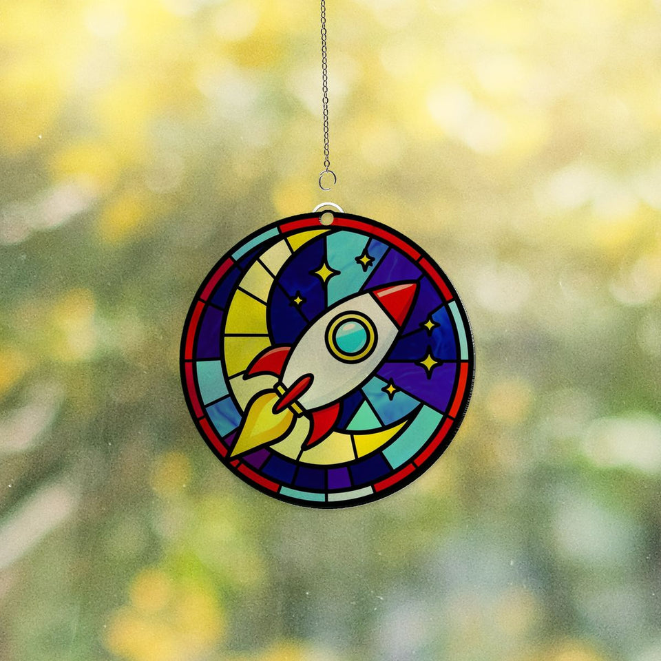 Rocket Ship Stars Circle Acrylic Suncatcher