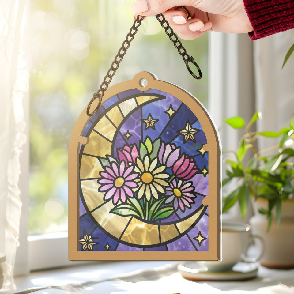 Crescent Moon Wildflowers Arch Window Hanging Suncatcher