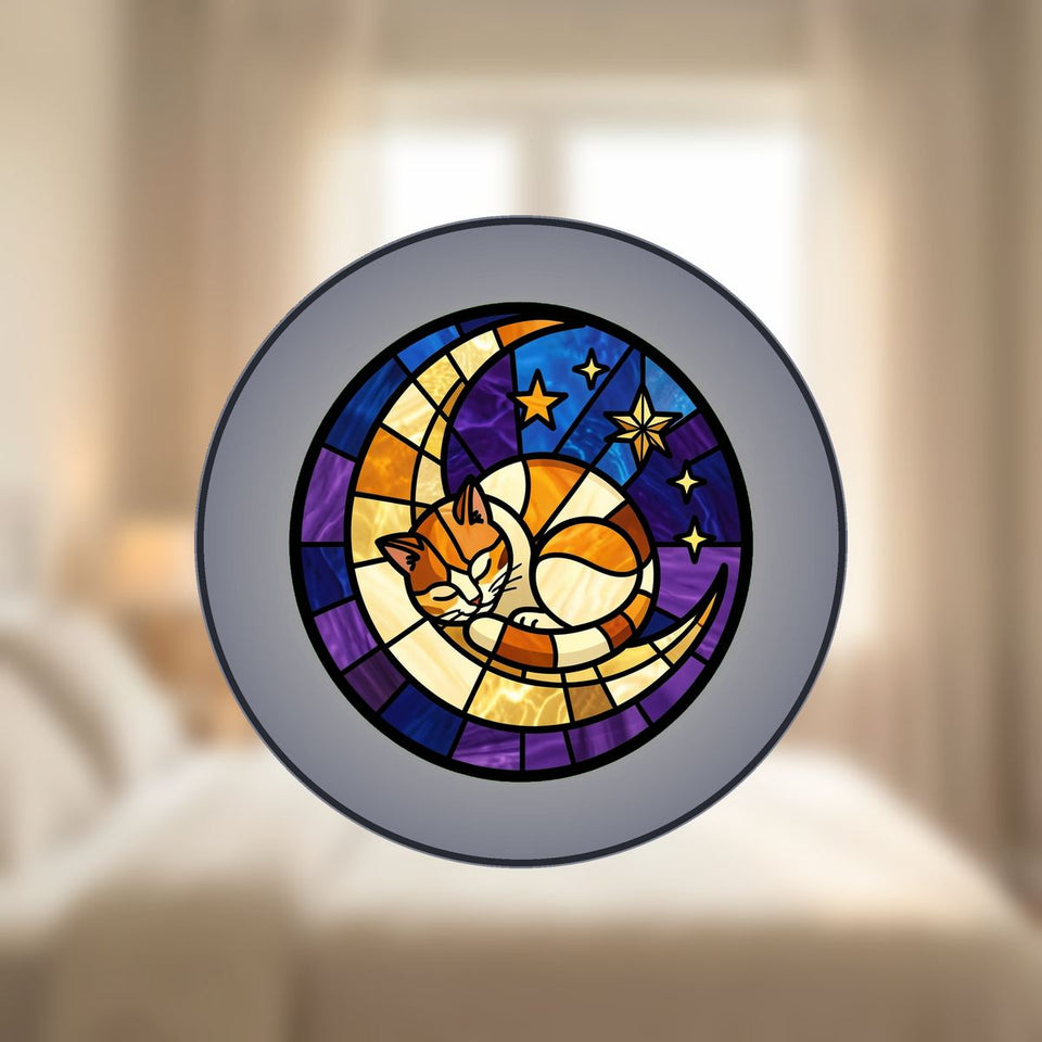 Sleeping Cat Crescent Window Stained Glass Suncatcher