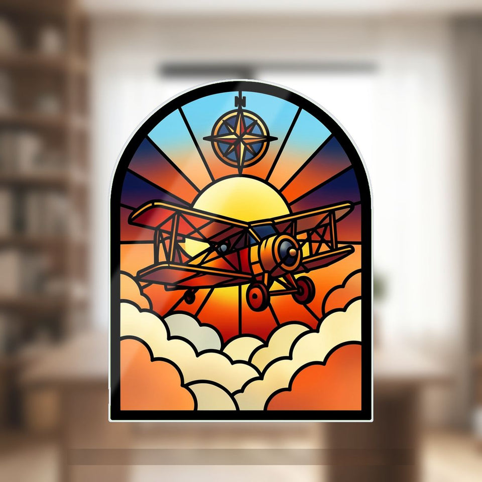 Vintage Biplane Sky Arch Wavy Acrylic Suncatcher Ornament