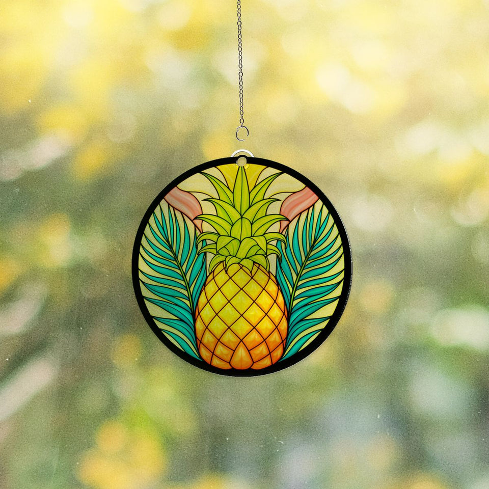 Pineapple Palm Leaf Circle Acrylic Suncatcher