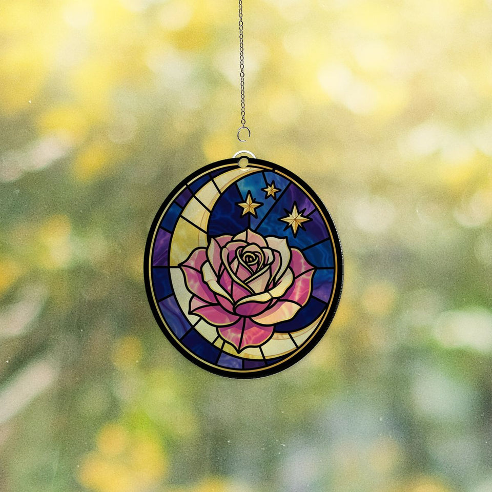 Celestial Rose Moon Circle Acrylic Suncatcher