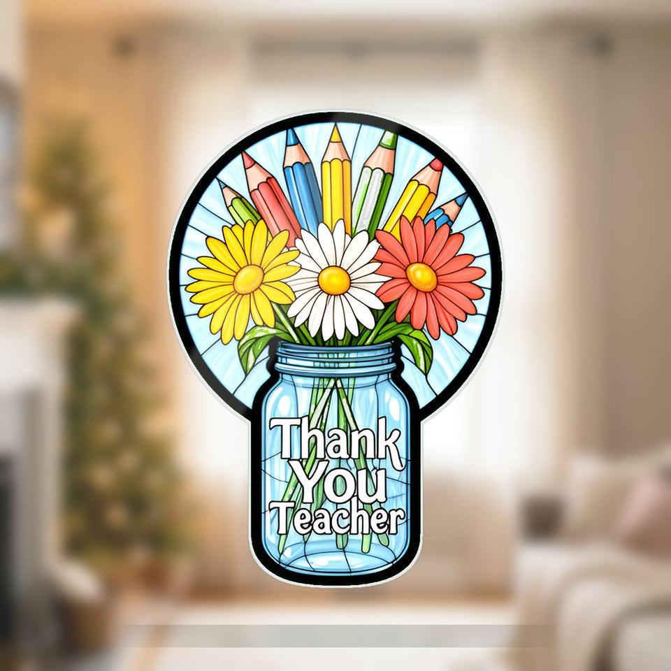 Teacher Flower Jar Circle Wavy Acrylic Suncatcher Ornament