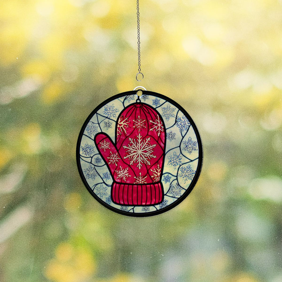 Knit Mitten Snowflake Circle Acrylic Suncatcher