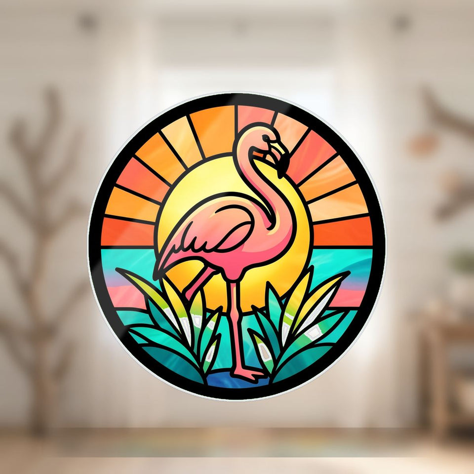 Pink Flamingo Sunset Circle Wavy Acrylic Suncatcher Ornament