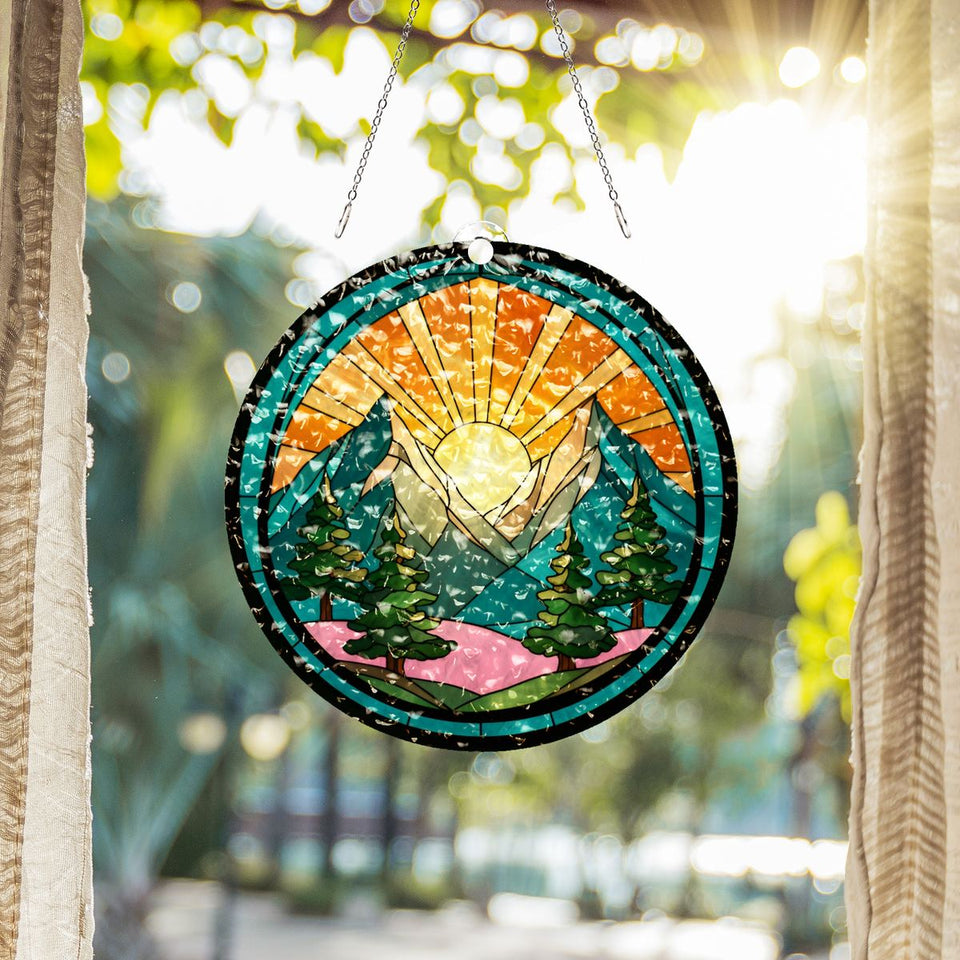 Mountain Pine Sunrise Circle Water Ripple Suncatcher