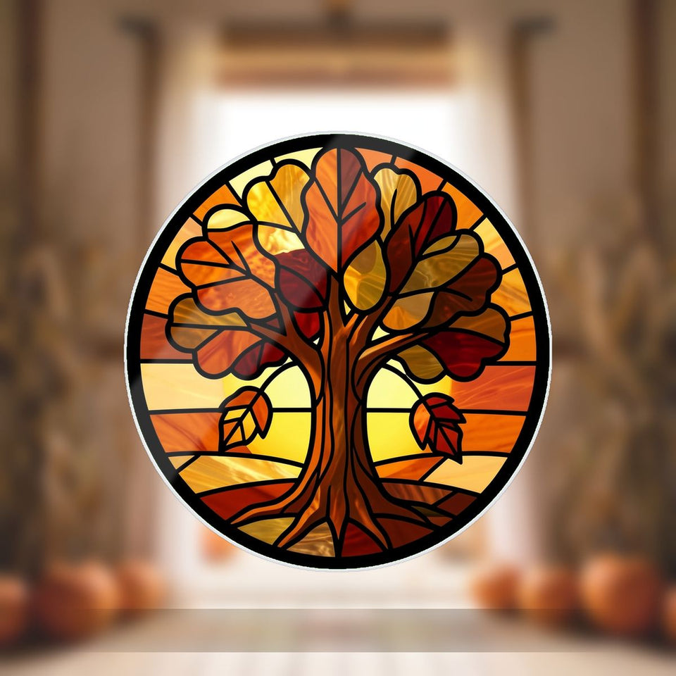 Golden Autumn Tree Circle Wavy Acrylic Suncatcher Ornament