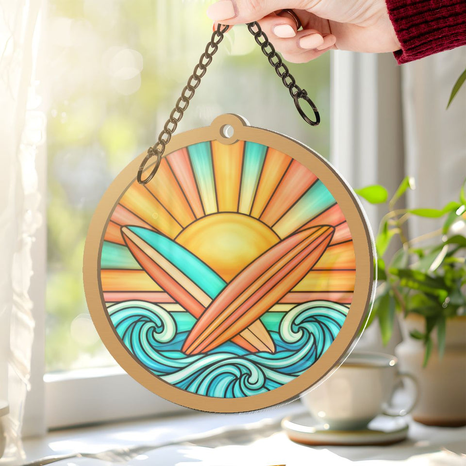 Surfboard Sunset Circle Window Hanging Suncatcher