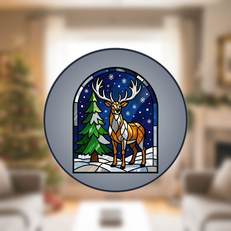 Snowy Stag Pine Arch Stained Glass Suncatcher
