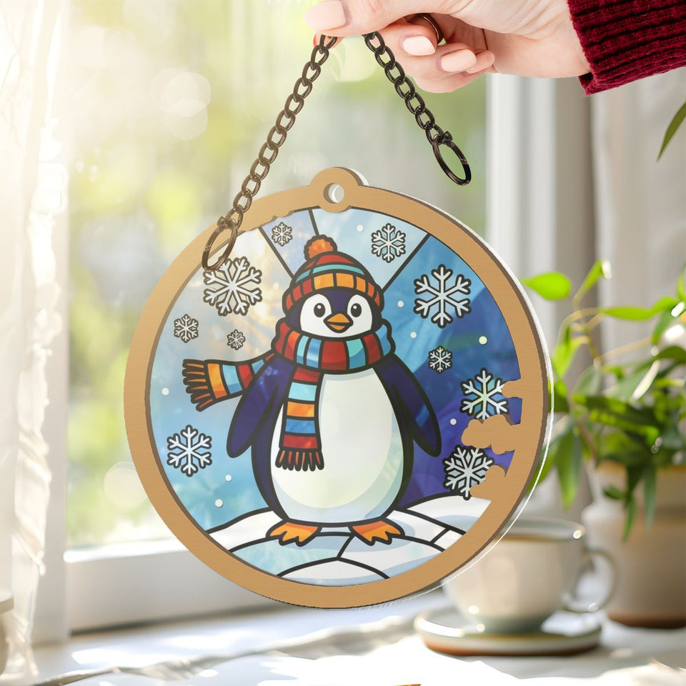 Winter Penguin Scarf Circle Window Hanging Suncatcher