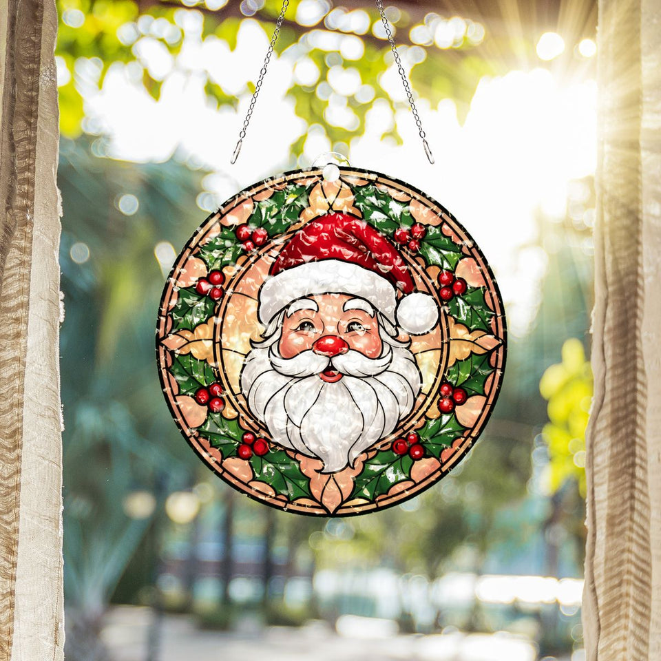 Santa Face Holly Circle Water Ripple Suncatcher
