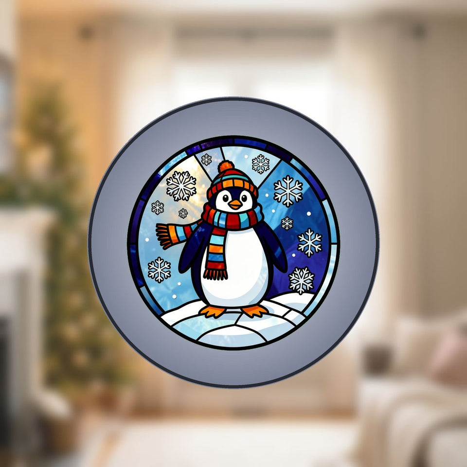 Winter Penguin Scarf Circle Stained Glass Suncatcher