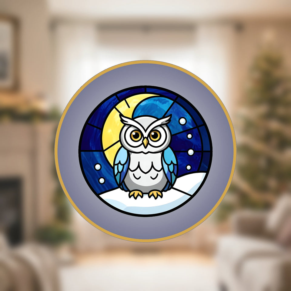 Snowy Owl Winter Moon Stained Glass Suncatcher with Golden Frame