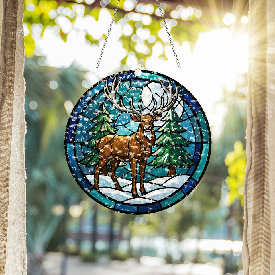 Winter Stag Evergreen Circle Water Ripple Suncatcher