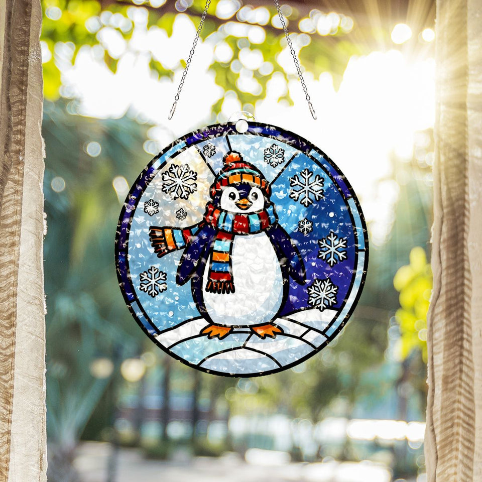 Winter Penguin Scarf Circle Water Ripple Suncatcher