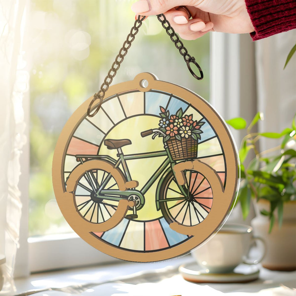 Flower Basket Bicycle Circle Window Hanging Suncatcher