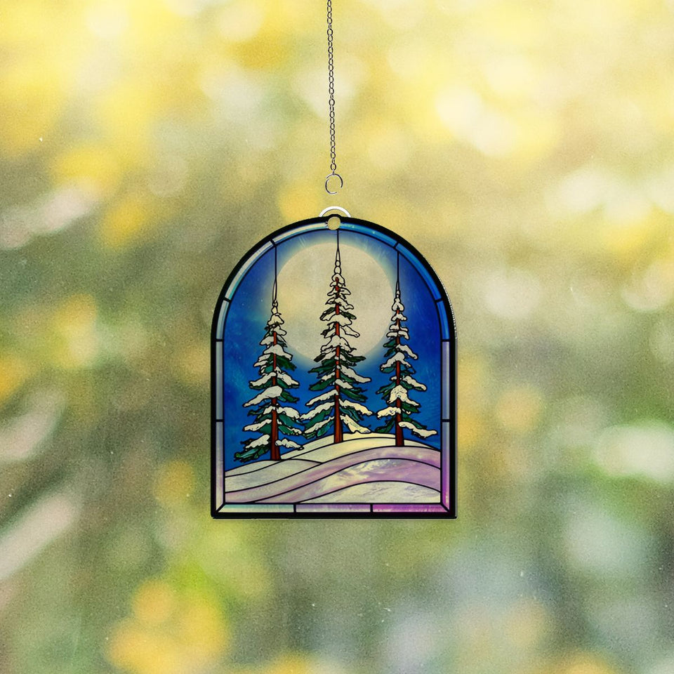 Snowy Evergreen Forest Arch Acrylic Suncatcher