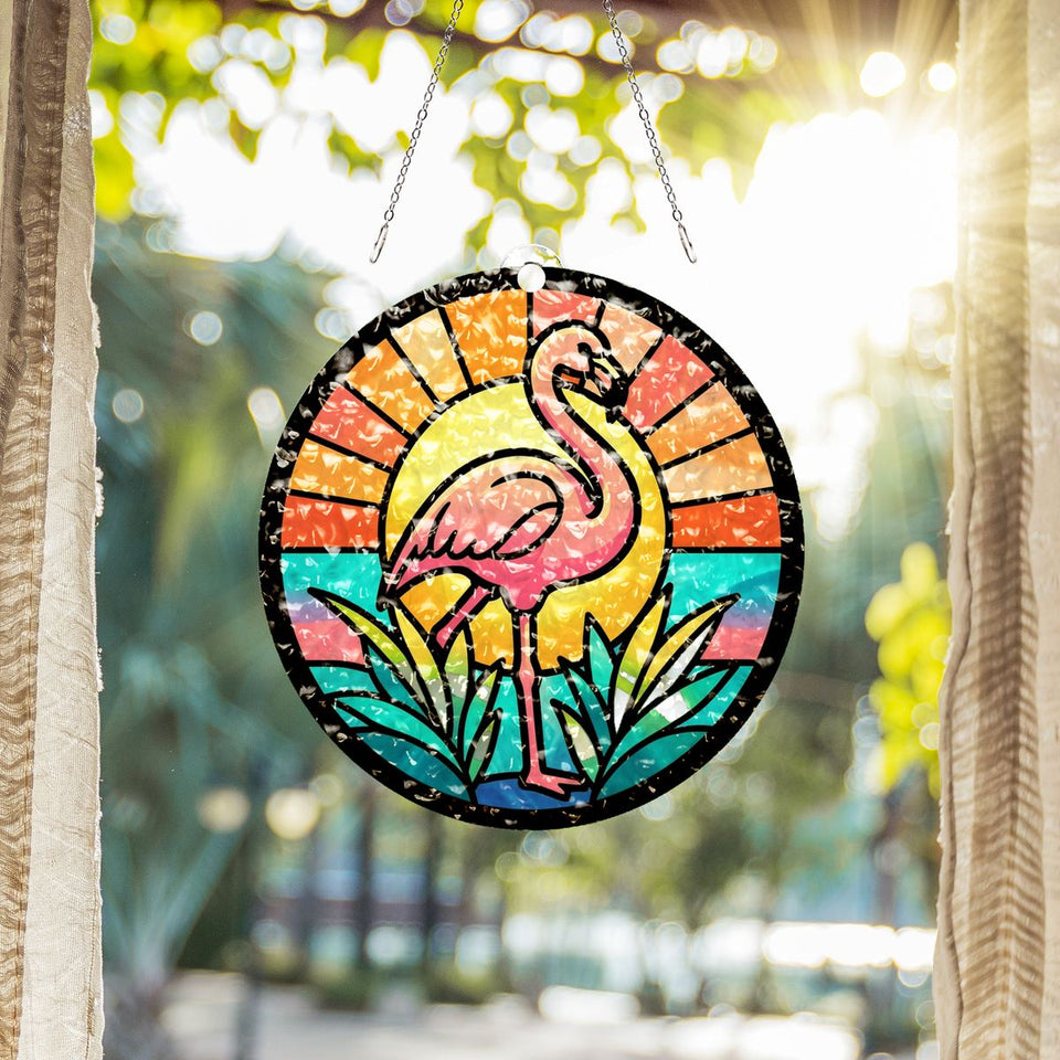 Pink Flamingo Sunset Circle Water Ripple Suncatcher