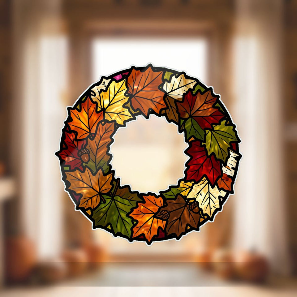 Fall Leaves Wreath Circle Wavy Acrylic Suncatcher Ornament