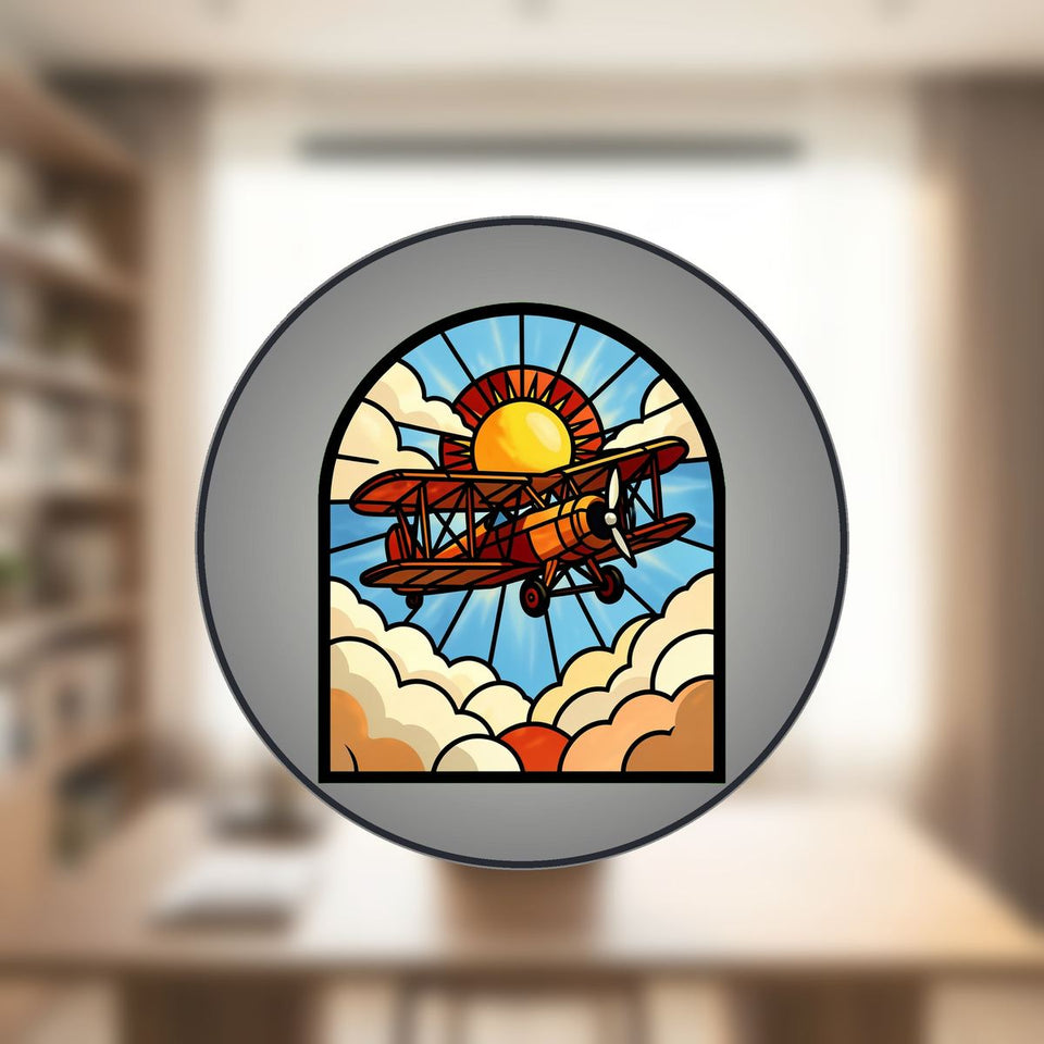 Vintage Biplane Clouds Arch Stained Glass Suncatcher
