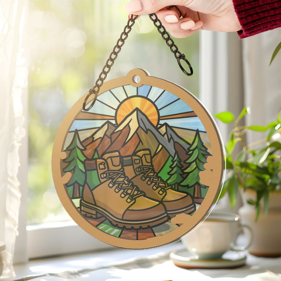 Hiking Boots Mountain Circle Window Hanging Suncatcher