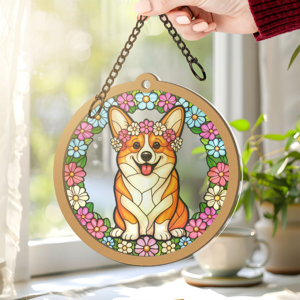 Corgi Wildflower Circle Window Hanging Suncatcher