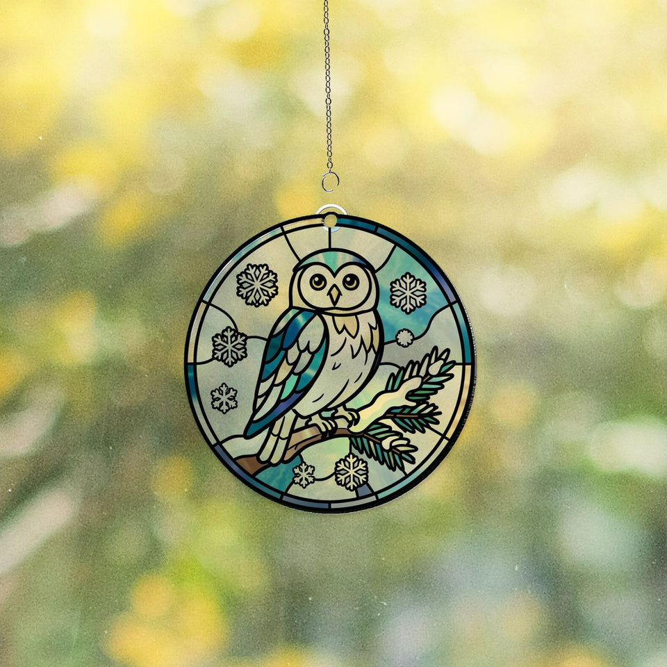 Snowy Owl Pine Circle Acrylic Suncatcher