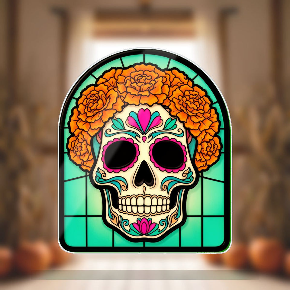 Sugar Skull Marigold Arch Wavy Acrylic Suncatcher Ornament
