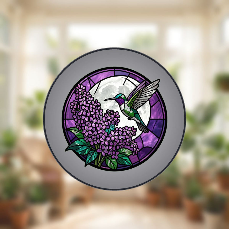 Hummingbird Lilac Moon Circle Stained Glass Suncatcher