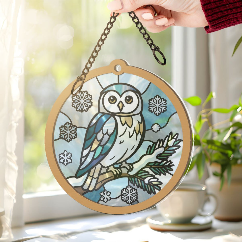 Snowy Owl Pine Circle Window Hanging Suncatcher