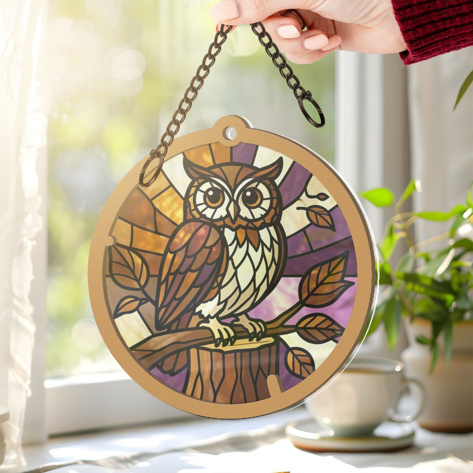 Autumn Owl Circle Window Hanging Suncatcher