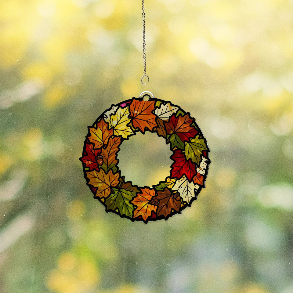 Fall Leaves Wreath Circle Acrylic Suncatcher