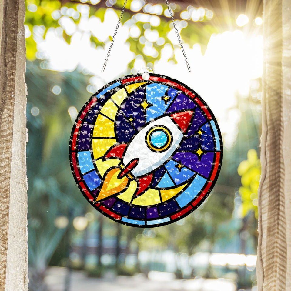 Rocket Ship Stars Circle Water Ripple Suncatcher