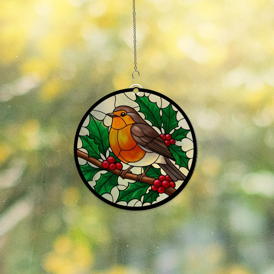 Winter Robin Berry Branch Acrylic Suncatcher