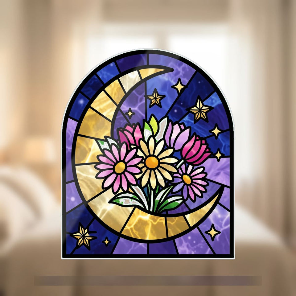 Crescent Moon Wildflowers Arch Wavy Acrylic Suncatcher Ornament