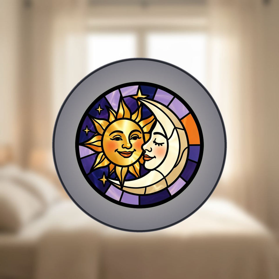 Sun and Moon Embrace Circle Stained Glass Suncatcher