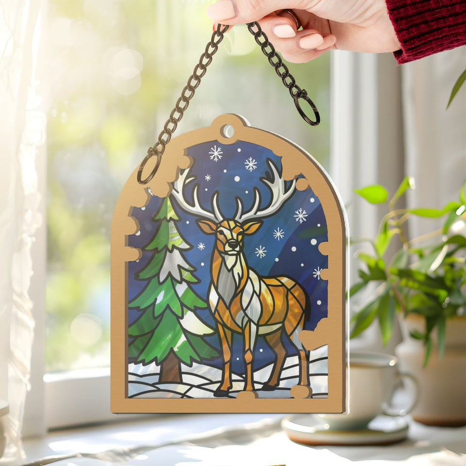 Snowy Stag Pine Arch Window Hanging Suncatcher