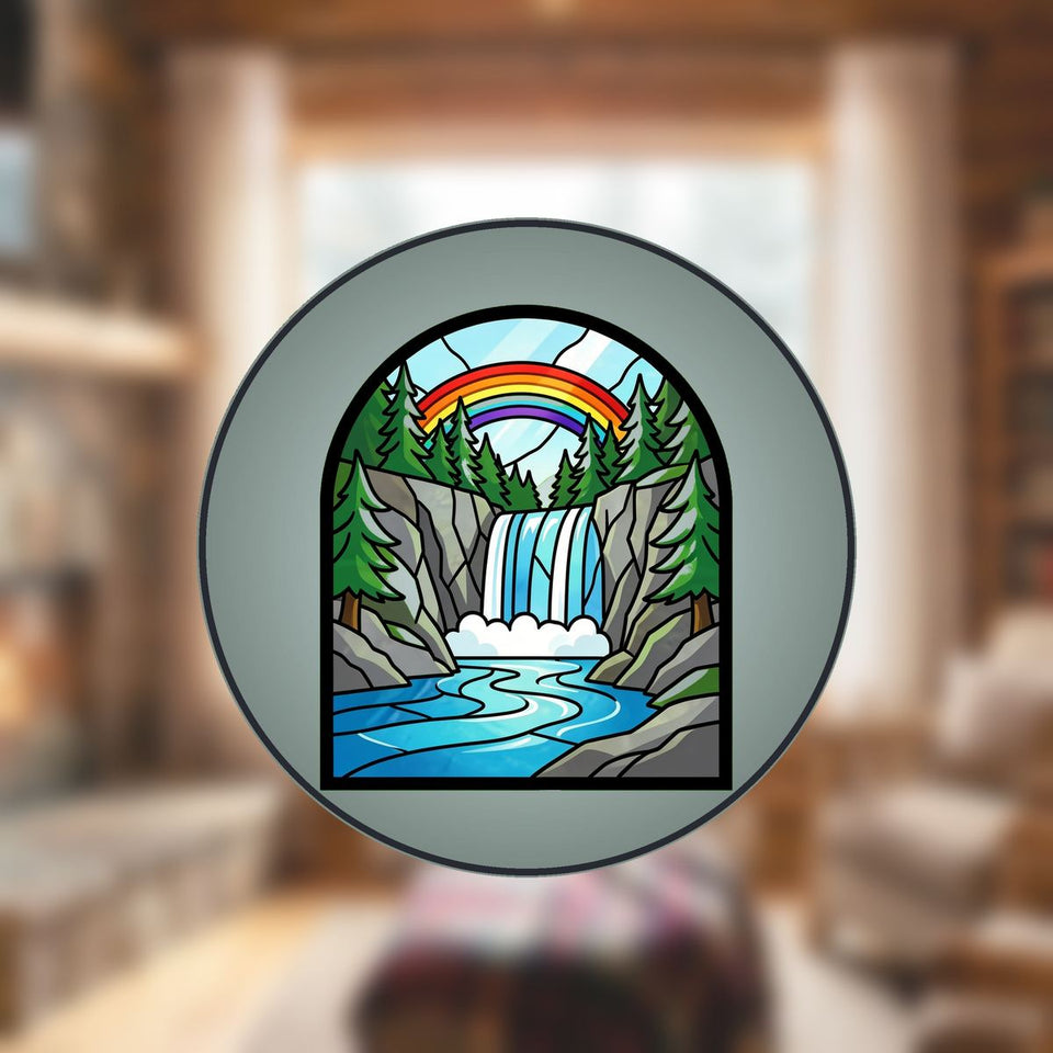 Mountain Waterfall Forest Stained Glass Suncatcher
