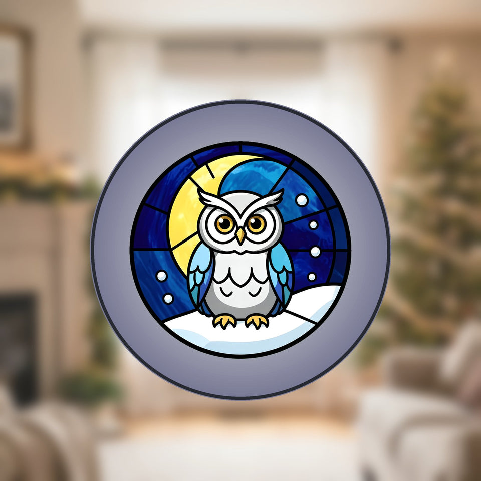 Snowy Owl Winter Moon Stained Glass Suncatcher