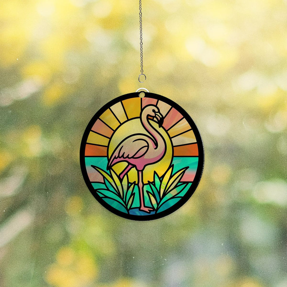 Pink Flamingo Sunset Circle Acrylic Suncatcher