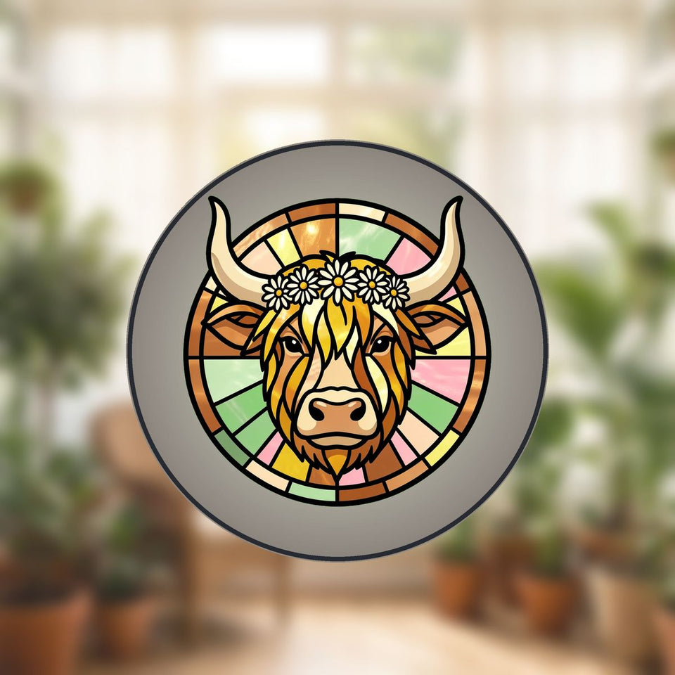 Highland Cow Wildflower Circle Stained Glass Suncatcher